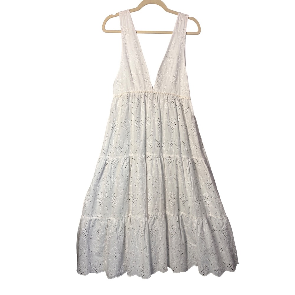 PilyQ Anne Eyelet Dress XS/S White Tiered Maxi Boho Coastal Unlined Coverup